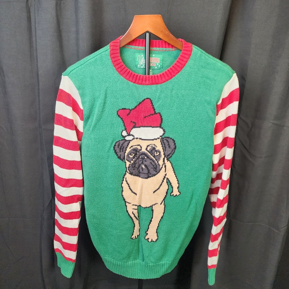 Ugly Christmas Sweater Santa Pug with Hat Womens Medium Green‎ Red Long Sleeve